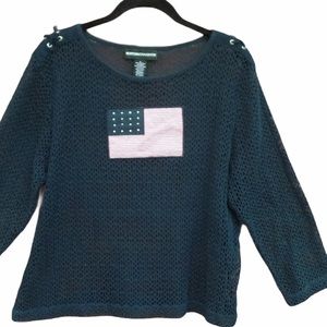 Vintage Norton McNaughton Large Blue Shirt Net Flag 3/4 Sleeves Top Patriotic